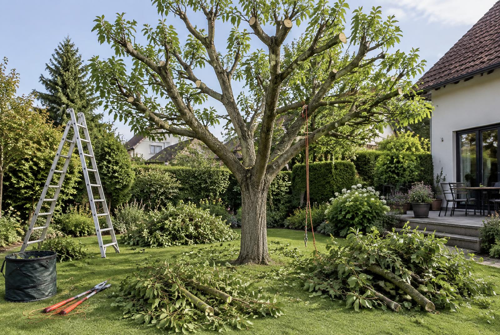 Fachgerecht zurückgeschnittener Baum mit geordneten Ästen im Garten