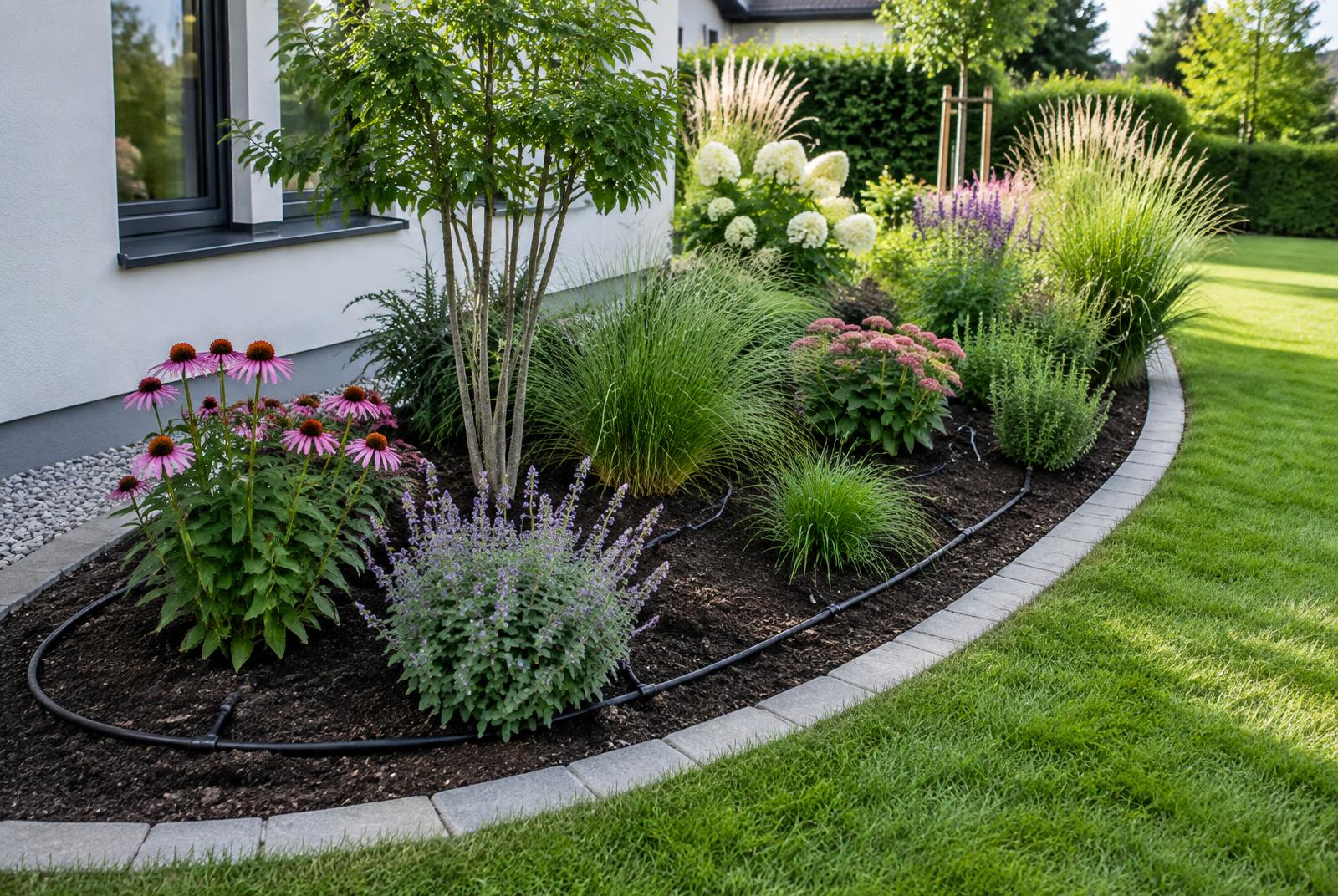 Neu angelegtes Gartenbeet mit Pflanzen und einer Tropfbewässerung