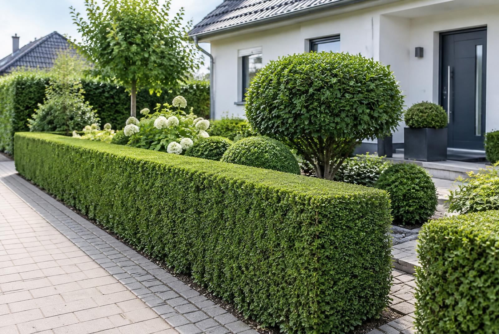 Sauber geschnittene Hecke und gepflegte Sträucher vor einem Wohnhaus